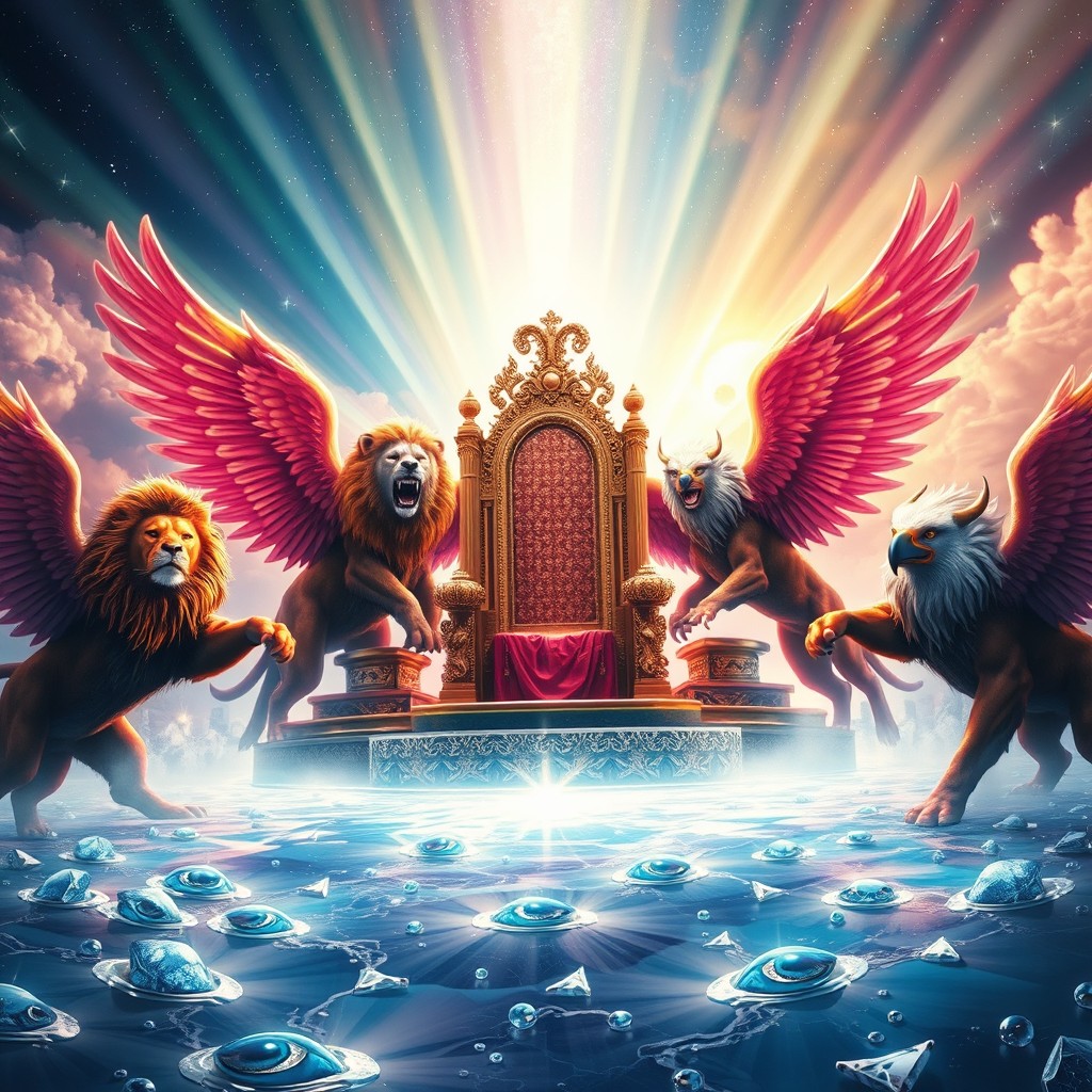 A vivid and awe-inspiring depiction of the scene described in Revelation 4:6-8
