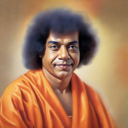 A respectful, realistic portrait of Sathya Sai Baba, depicted in his recognizable orange robe, his curly hair, with a serene and peaceful expression.