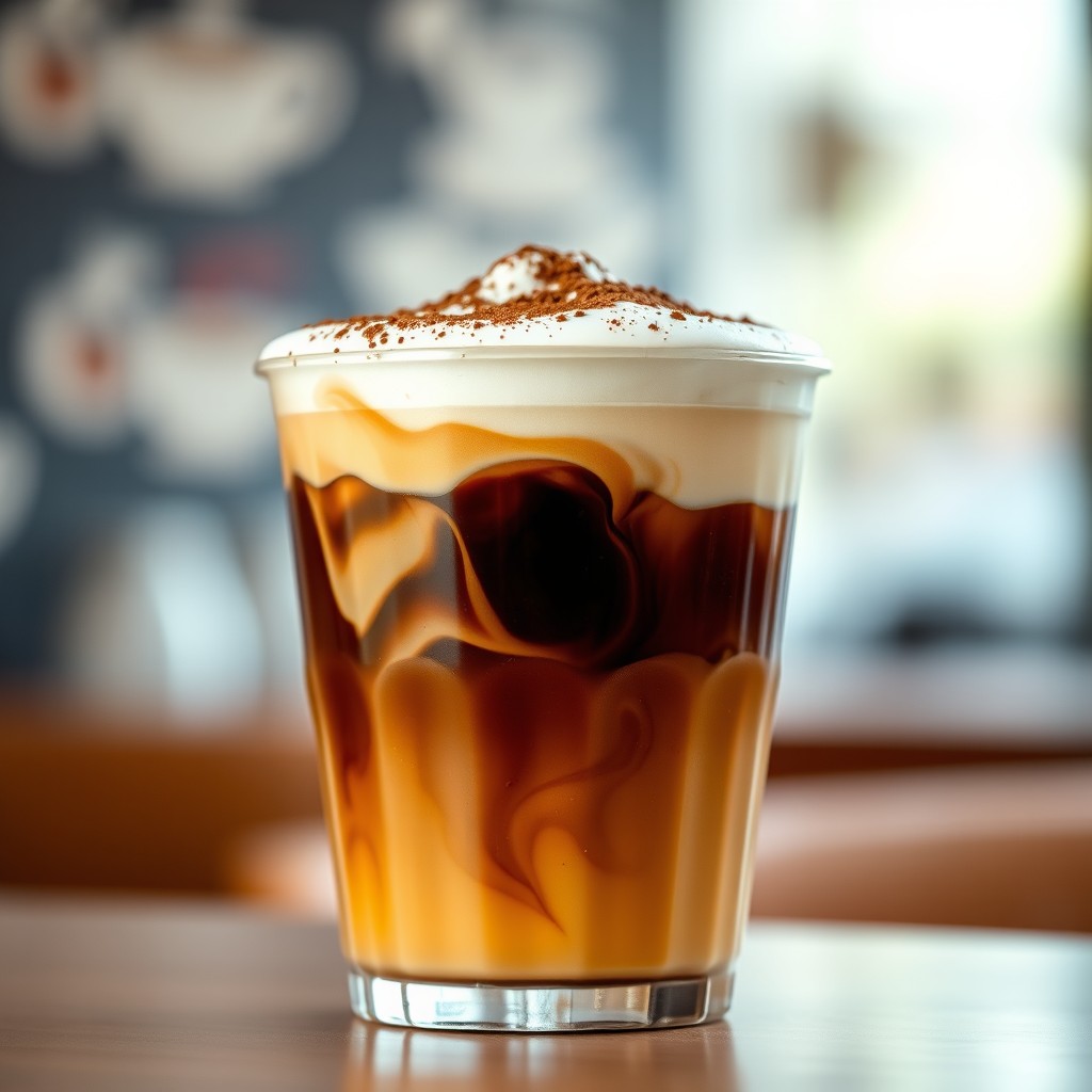 A beautifully styled cup of espresso with creamy milk foam on top, in a clear plastic cup