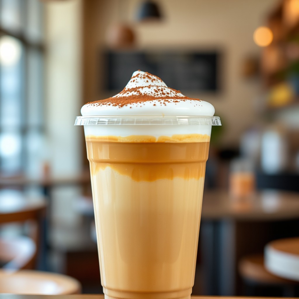 A beautifully styled cup of takeaway espresso with creamy milk foam on top, presented in a clear plastic cup with a secure lid