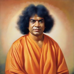 A respectful, realistic portrait of Sathya Sai Baba, depicted in his recognizable orange robe, his curly hair, with a serene and peaceful expression.