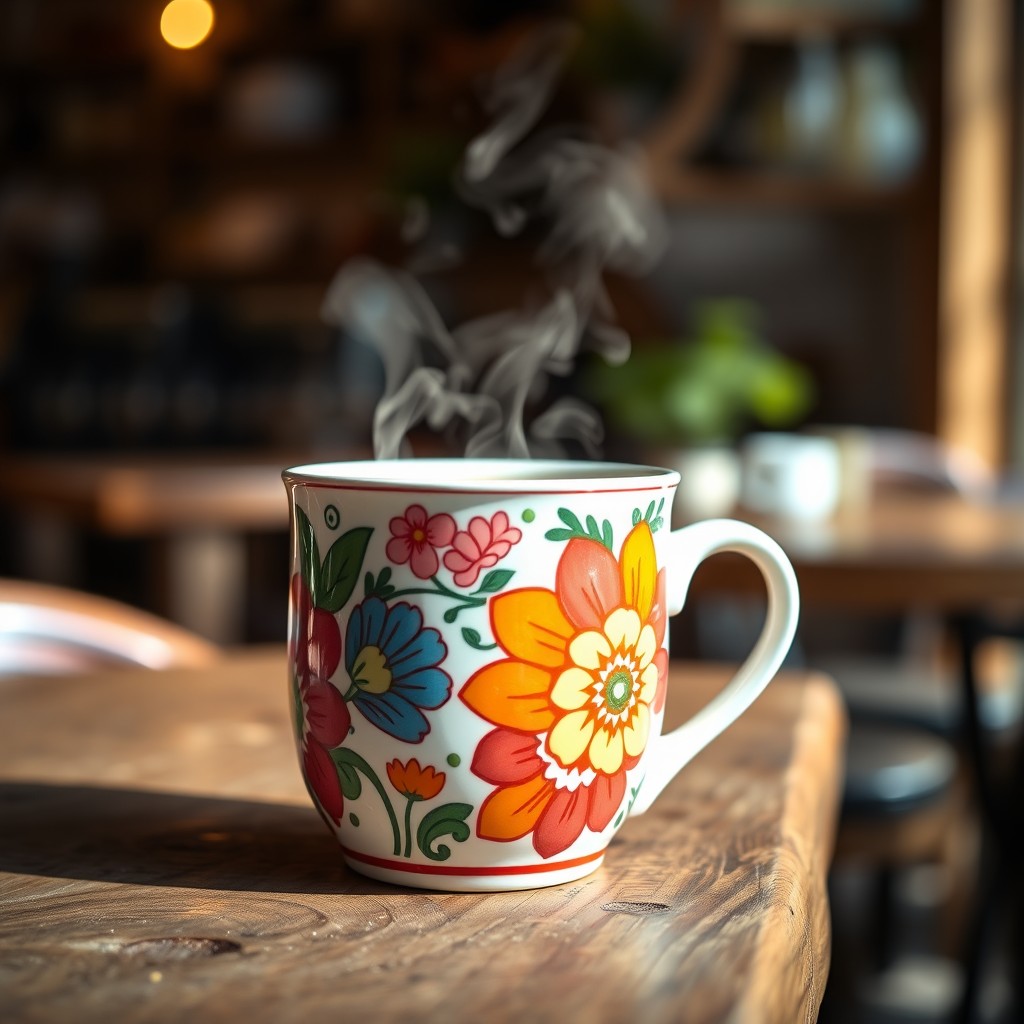 A beautifully designed ceramic mug, featuring intricate floral patterns in vibrant colors