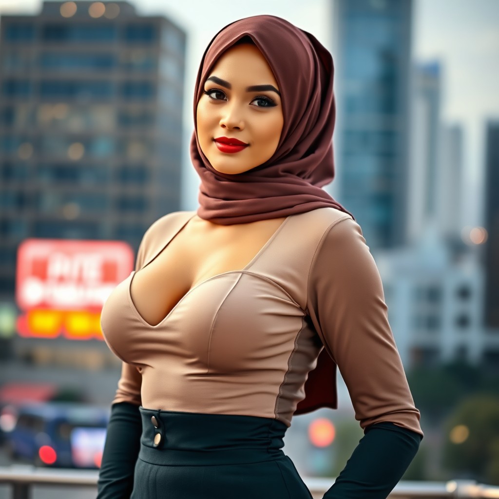 A beautiful woman wearing a hijab, showcasing her large bust in a tight-fitting outfit that accentuates her curves
