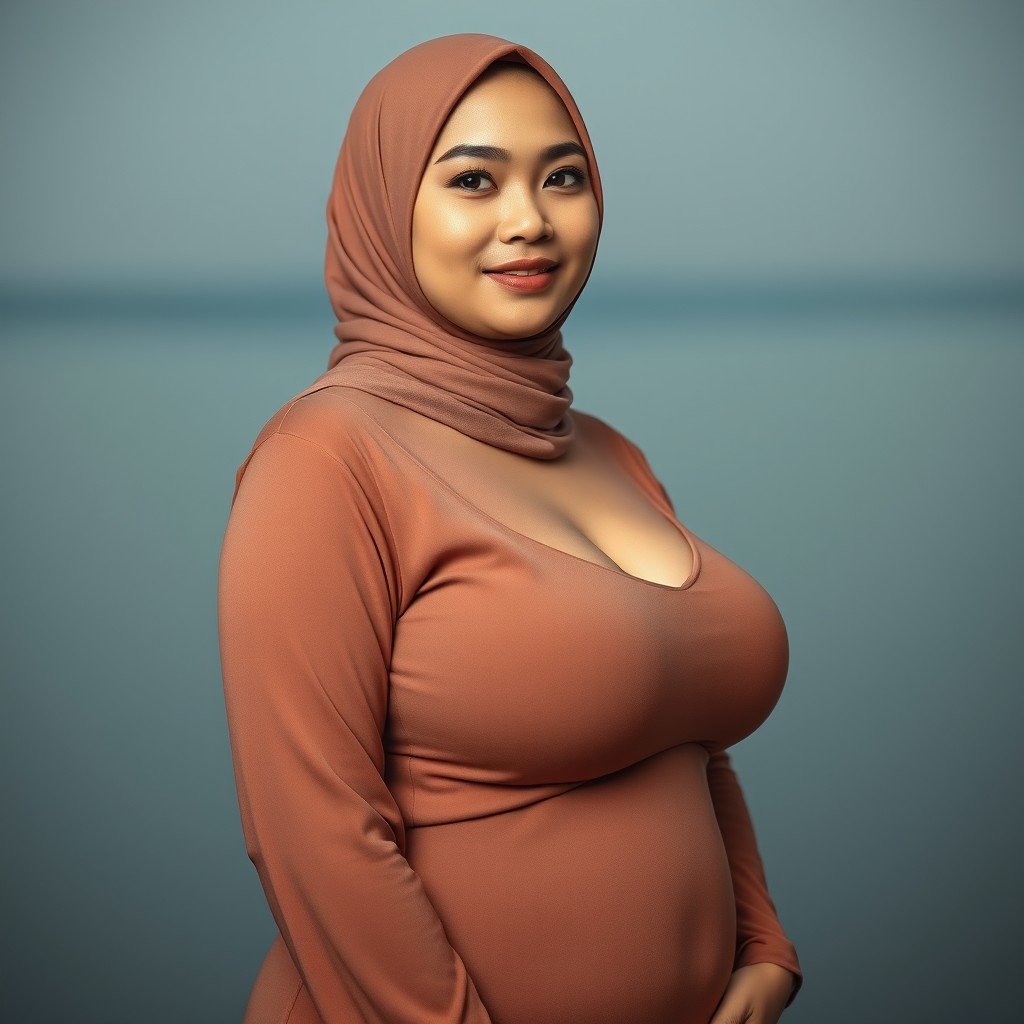 A beautiful Indonesian woman wearing a hijab, featuring a voluptuous figure with an emphasis on her full chest
