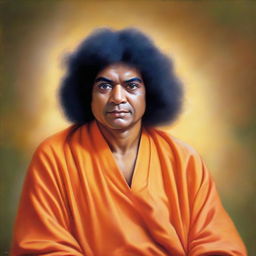 A respectful, realistic portrait of Sathya Sai Baba, depicted in his recognizable orange robe, his curly hair, with a serene and peaceful expression.