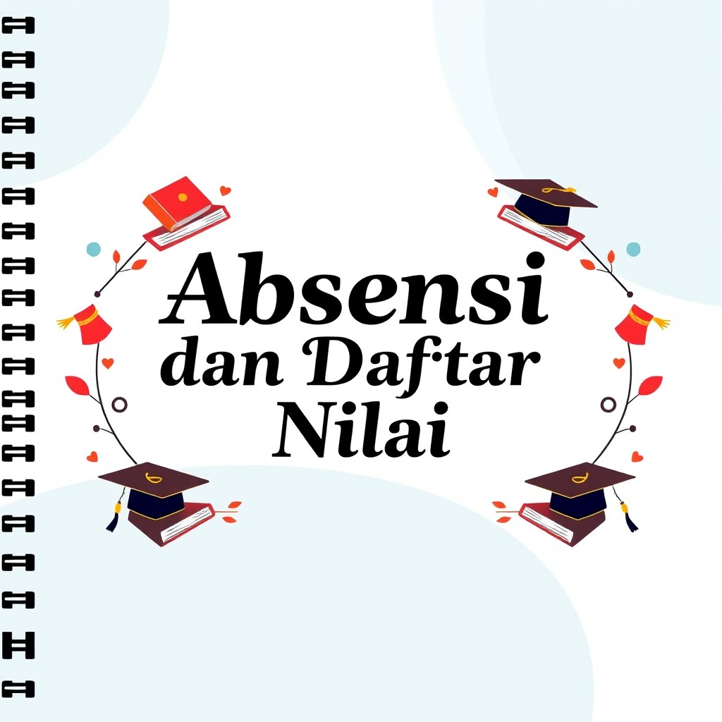 A meticulously designed cover page for a student report titled 'Absensi dan Daftar Nilai', featuring a clean and modern design