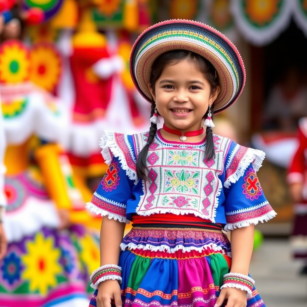 A young Bolivian girl wearing a traditional Morenada costume, characterized by vibrant colors and intricate embroidery
