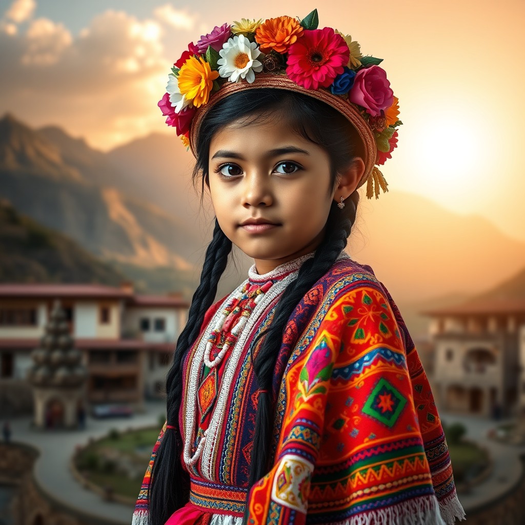 A young Bolivian girl dressed in a vibrant morrnada costume, featuring traditional ornate patterns and colors