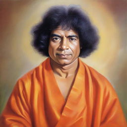 A respectful, realistic portrait of Sathya Sai Baba, depicted in his recognizable orange robe, his curly hair, with a serene and peaceful expression.