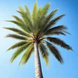 A vibrant and realistic image of a tall palm tree, swaying gently against a clear blue sky.