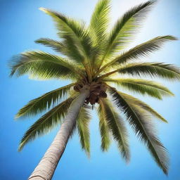 A vibrant and realistic image of a tall palm tree, swaying gently against a clear blue sky.