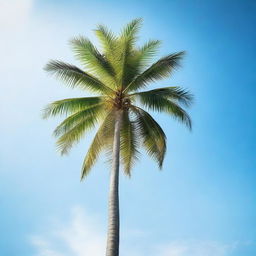 A vibrant and realistic image of a tall palm tree, swaying gently against a clear blue sky.