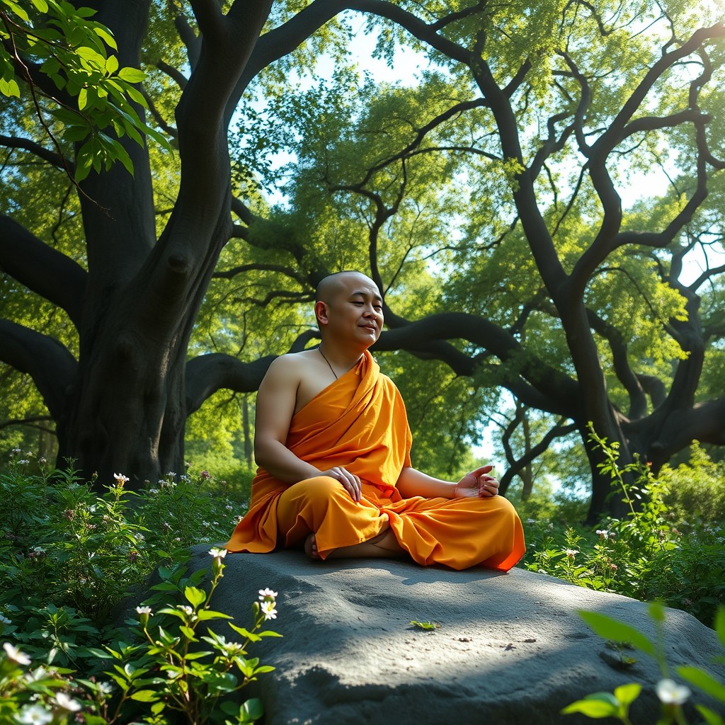 A serene monk sitting in a lush, green forest, surrounded by ancient trees and soft beams of sunlight filtering through the leaves