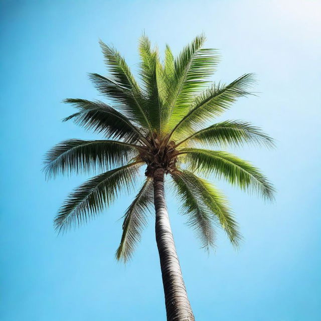 A vibrant and realistic image of a tall palm tree, swaying gently against a clear blue sky.