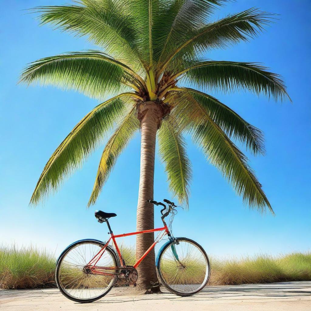 A vibrant image of a tall palm tree with a singlespeed bicycle elegantly leaning against its trunk, set against a clear blue sky.