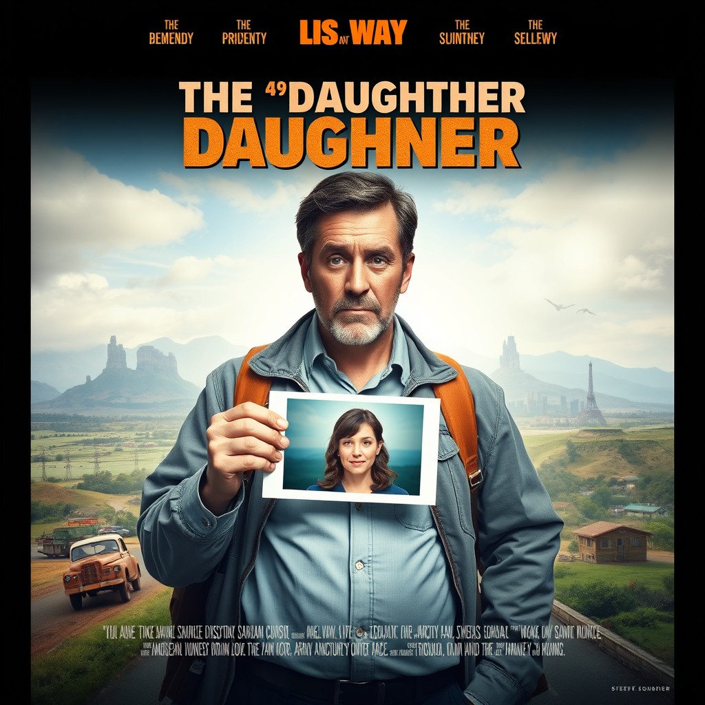 A cinematic movie poster featuring a solemn, work-absorbed man on a journey to find his daughter after a divorce