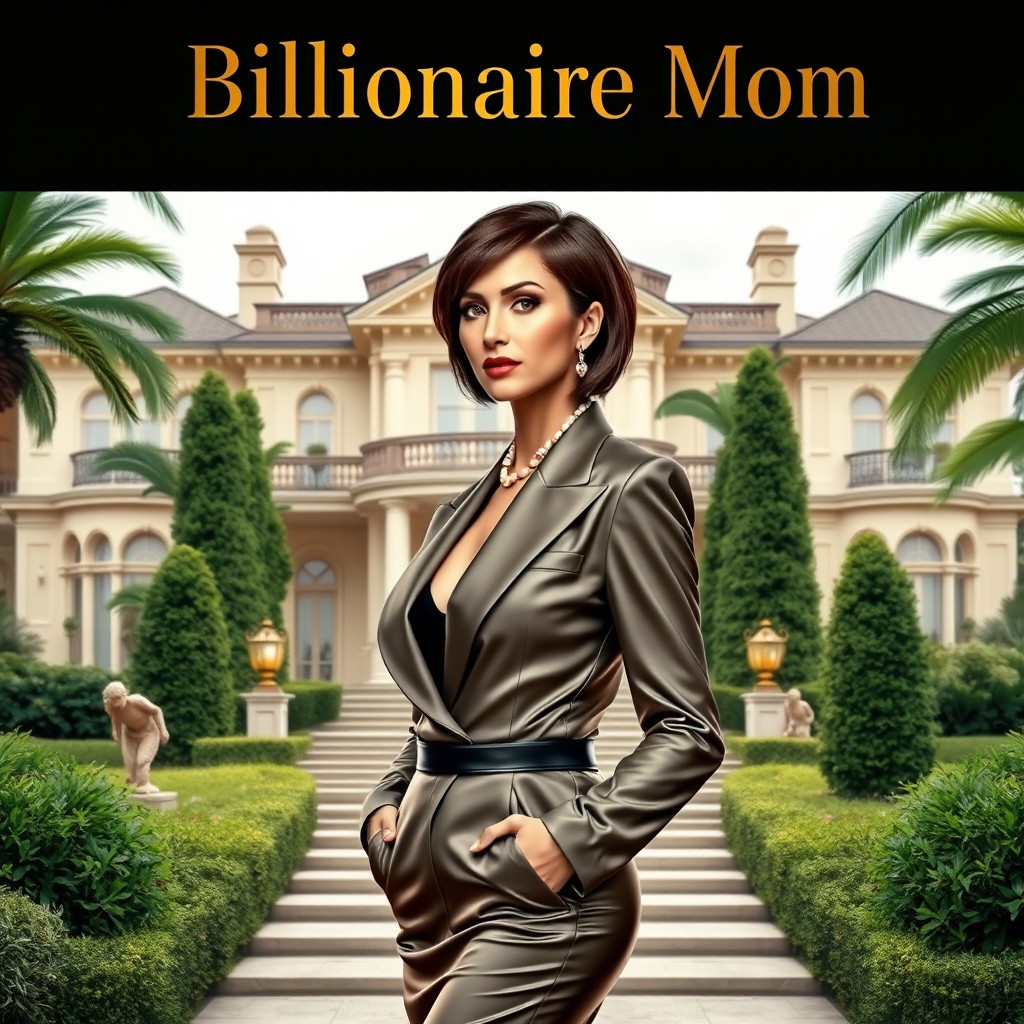 A sophisticated and glamorous cover design for a book titled 'Billionaire Mom', featuring an elegant woman exuding confidence, with short chic hair, dressed in a stylish designer outfit