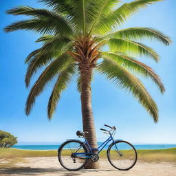 A vibrant image of a tall palm tree with a singlespeed bicycle elegantly leaning against its trunk, set against a clear blue sky.