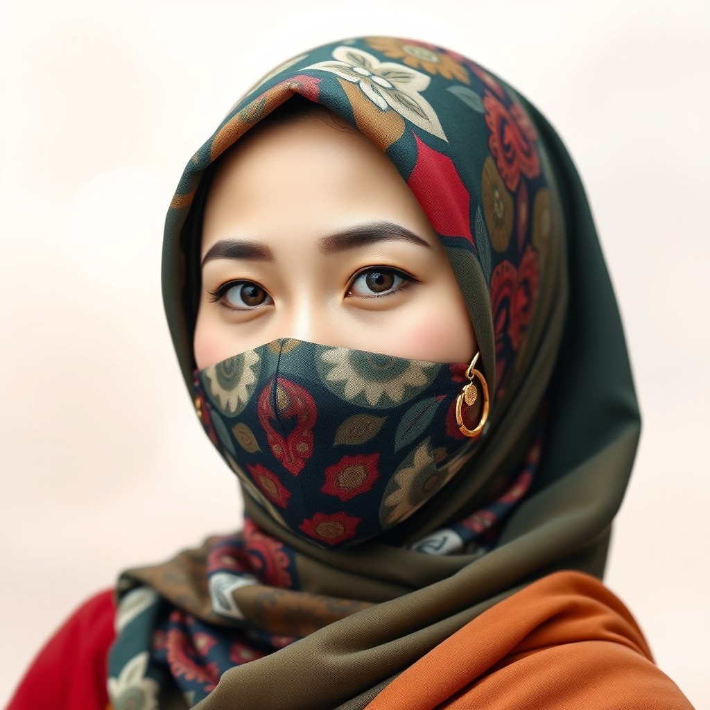 A portrait of an elegant Asian woman wearing a colorful hijab and a stylish mask, highlighting her strong features and graceful demeanor