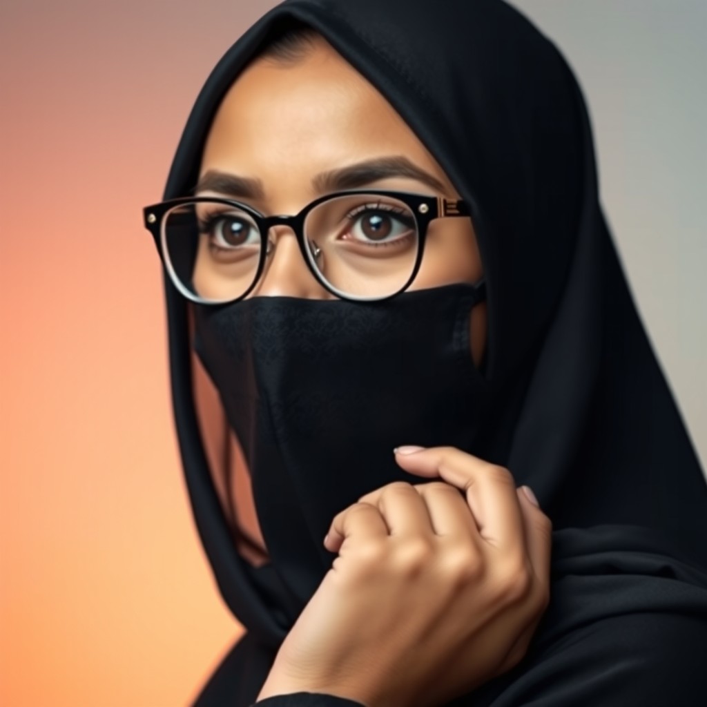 A portrait of a South Asian woman wearing a sleek black hijab and a fashionable mask, complemented by thin-framed eyeglasses