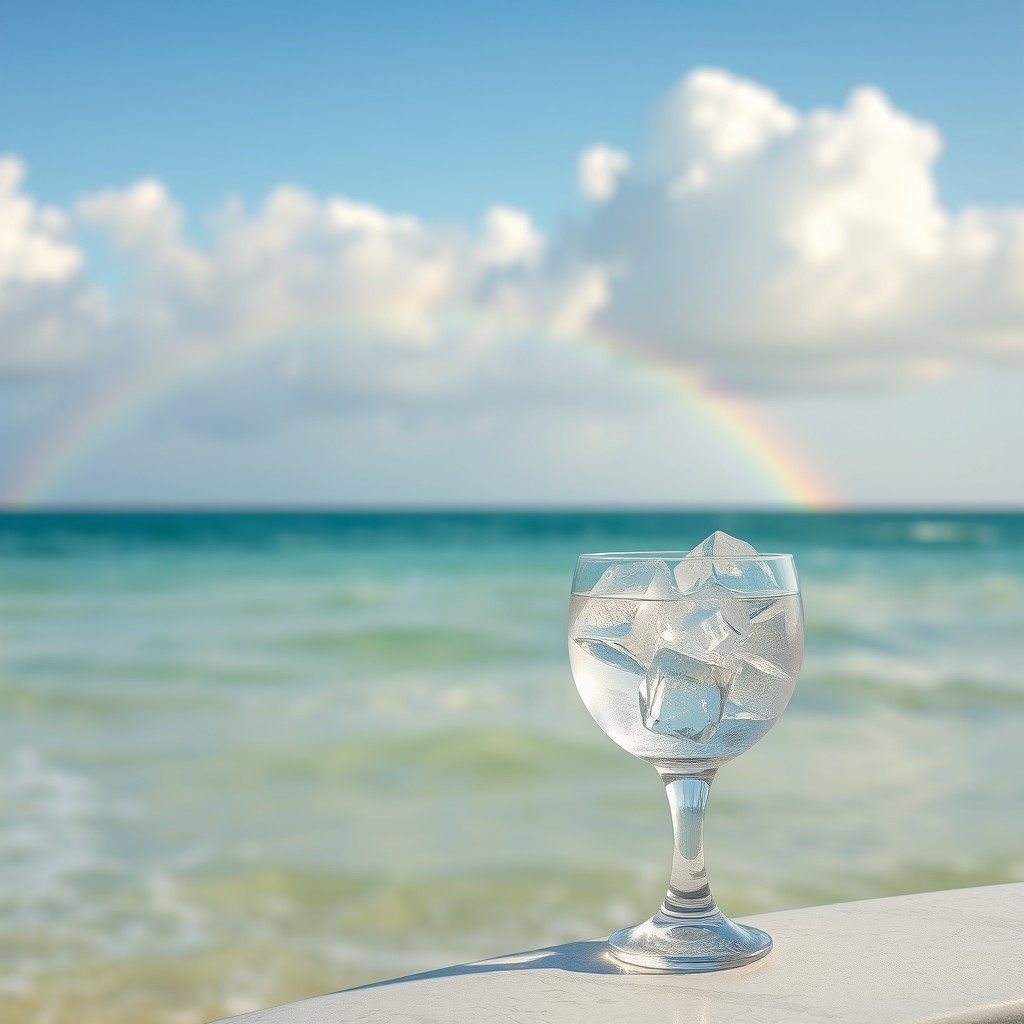 A tranquil seaside landscape featuring a serene ocean with gentle waves, displaying a beautiful rainbow arching gracefully over one side