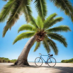 A vibrant image of a tall palm tree with a singlespeed bicycle elegantly leaning against its trunk, set against a clear blue sky.