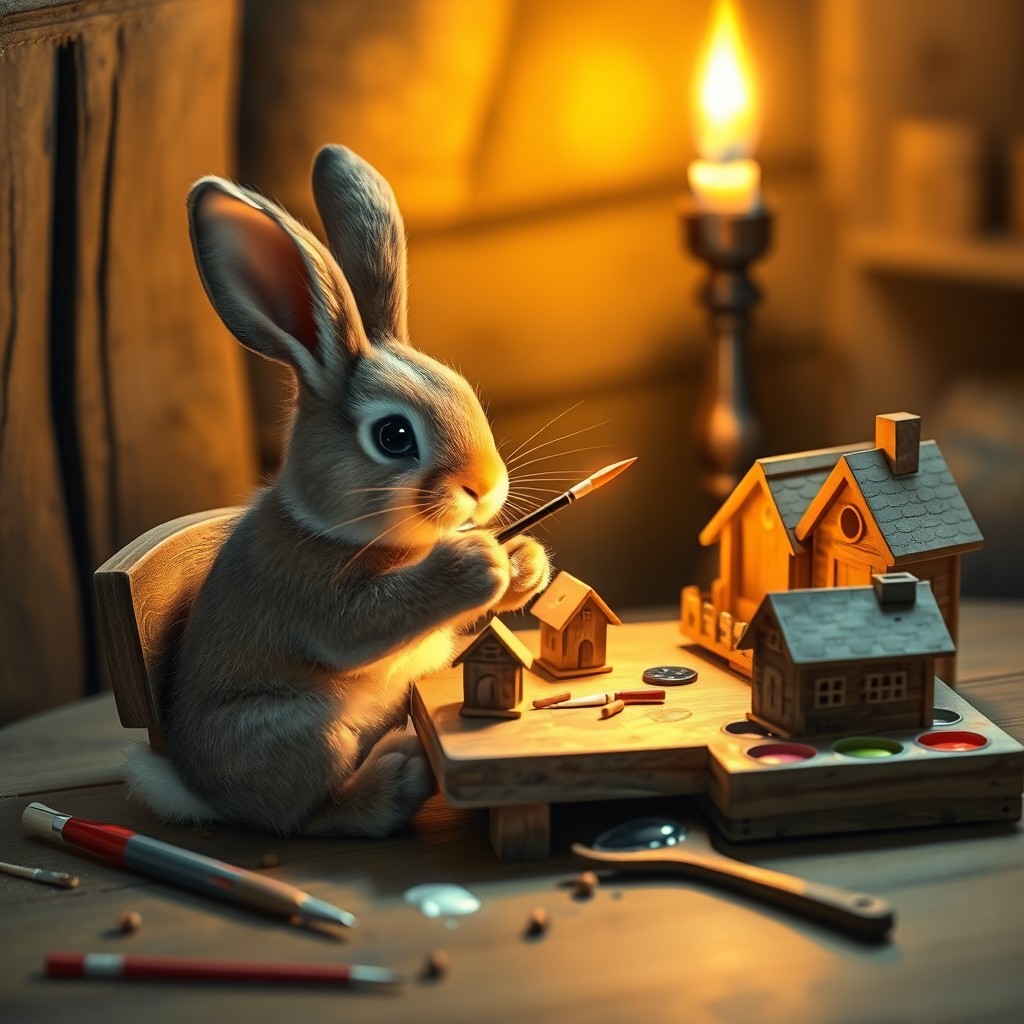A cute rabbit sitting at a small wooden table, carefully painting tiny wooden houses by candlelight