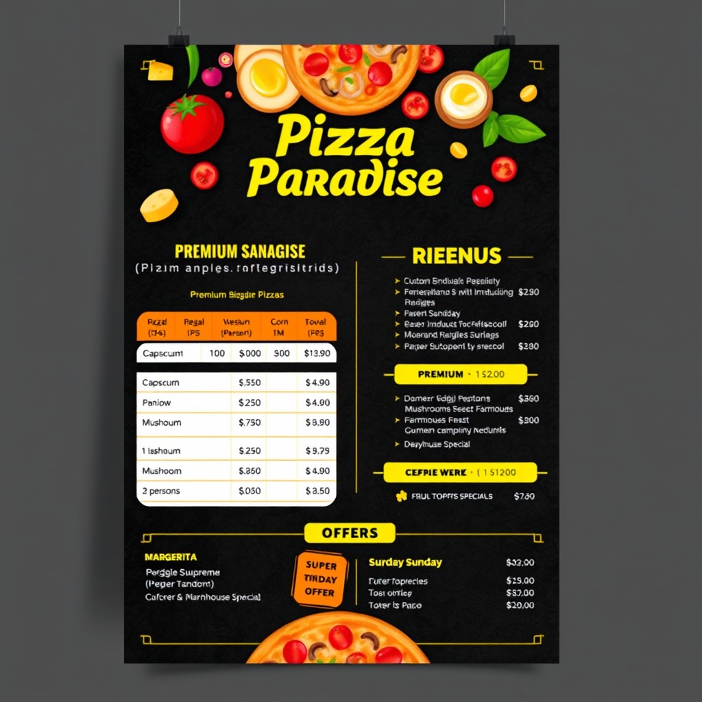Create a high-resolution vertical menu poster for "Pizza Paradise," a premium pizza restaurant, featuring a visually mouth-watering design that triggers cravings