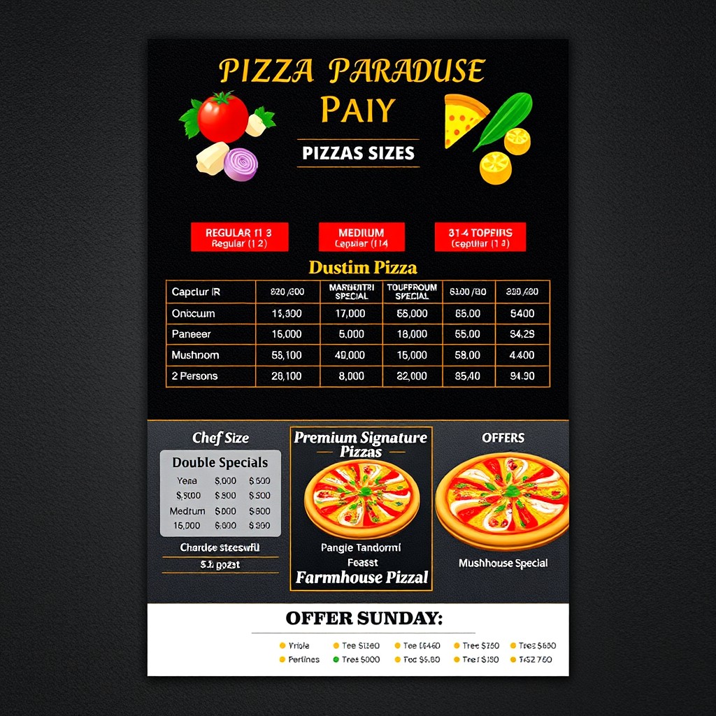 A high-resolution vertical menu poster for "Pizza Paradise," a premium pizza restaurant