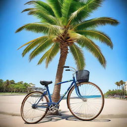 A vibrant image of a tall palm tree with a singlespeed bicycle elegantly leaning against its trunk, set against a clear blue sky.