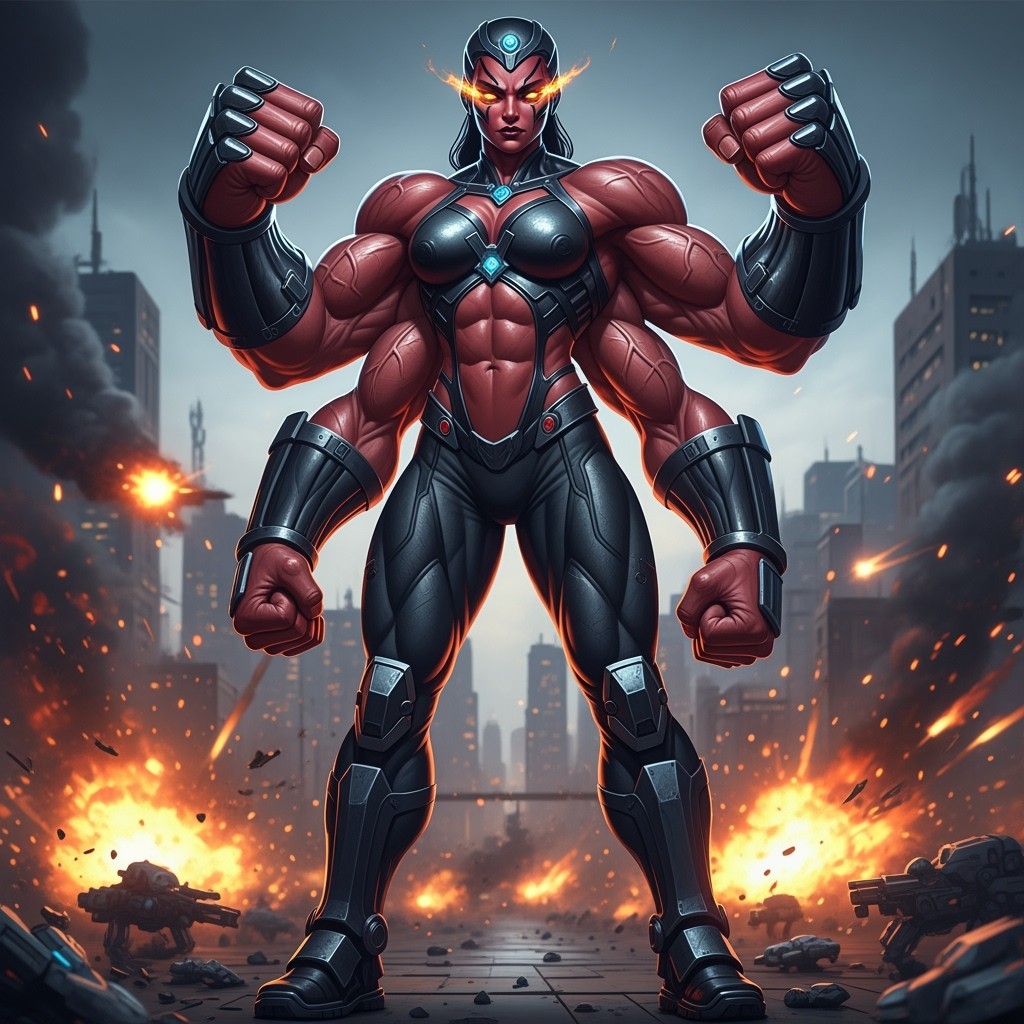 A muscular and highly detailed space girl with four large arms and dark red skin