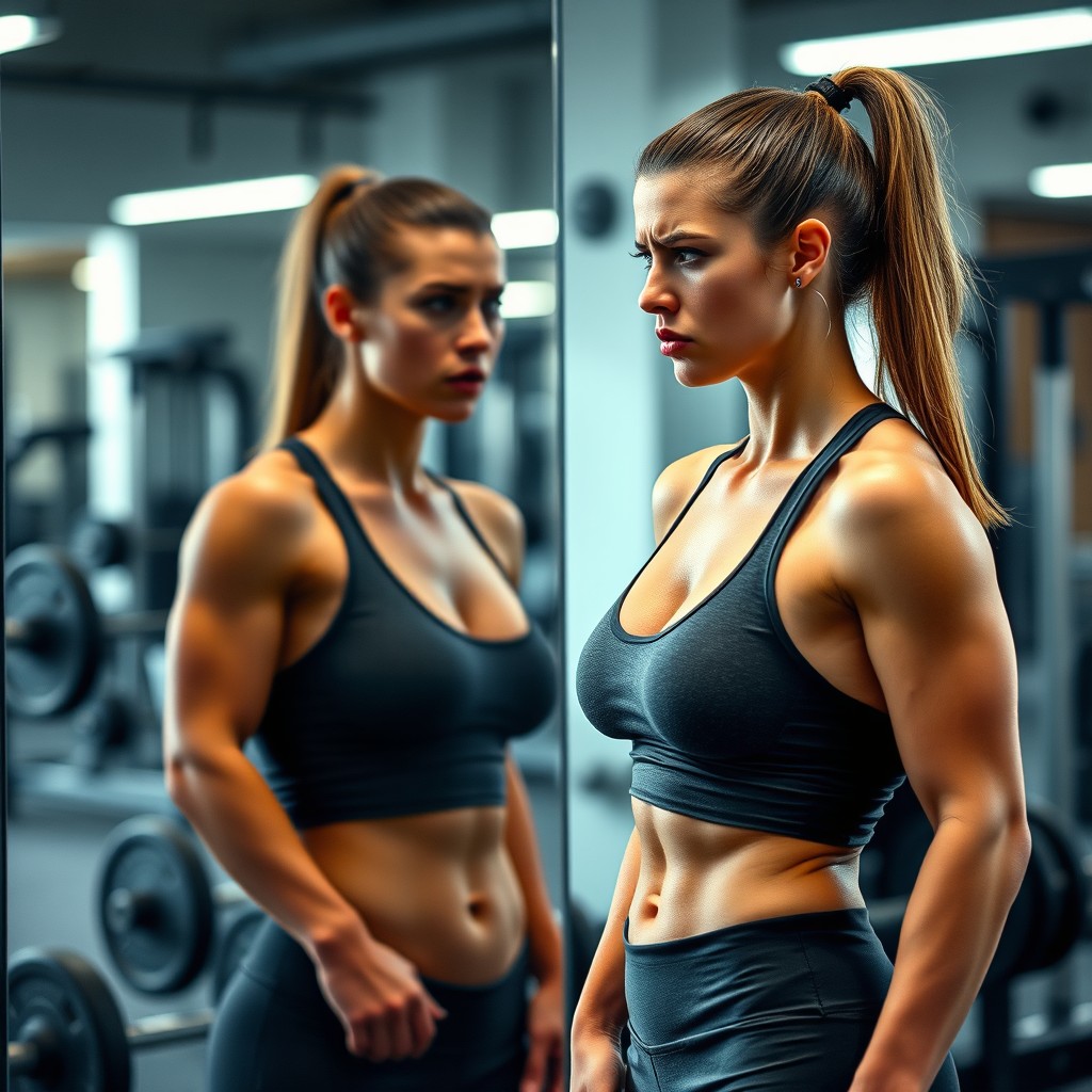 A young woman in gym clothes, looking frustrated while standing in a gym environment