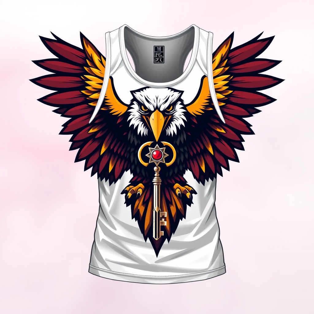 A dynamic and fierce design of a Hyrox tank top featuring an aggressive eagle as the central element, prominently displaying a key similar to the emblem of Geneva