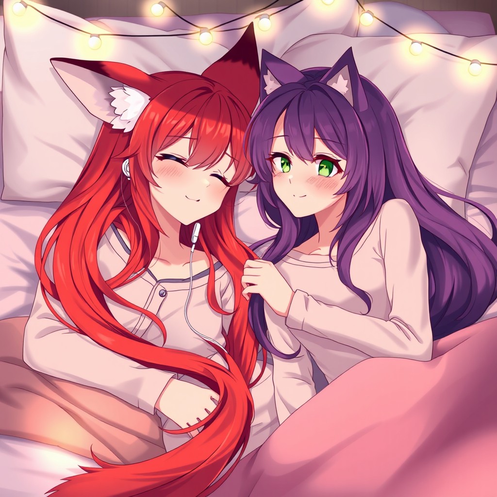Two stunning young adult anime women lying peacefully on a bed side by side, sharing a set of earphones