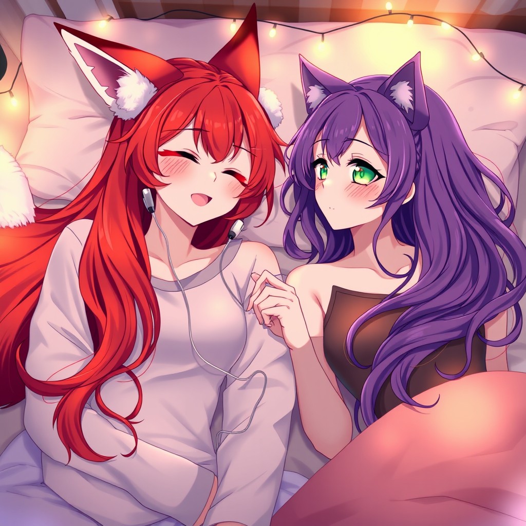 Two beautiful young adult anime women lying side by side on a bed, sharing a pair of earphones