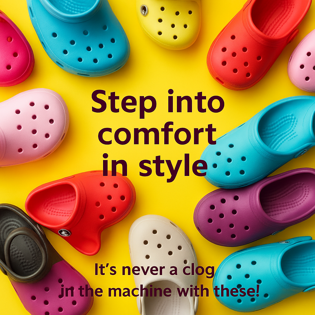 Create a Pinterest Post about the classic clog Crocs shoe design. Add a witty sales pitch line. Space out the words a bit more and make the writing a darker font color.