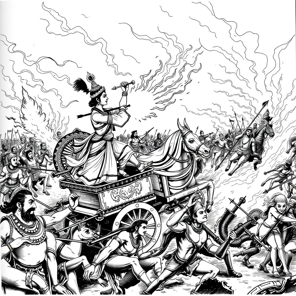 A black and white book illustration in classical ink style, depicting Arjuna standing determinedly on a chariot amidst the chaotic battlefield of Kurukshetra