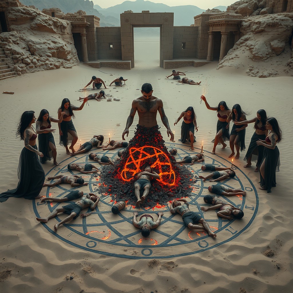 In a desolate desert beneath the crumbling ruins of a forgotten temple, a sinister scene unfolds featuring a magic circle intricately drawn in the sand with glowing ashes