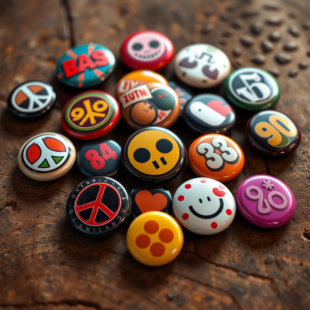 A vibrant and artistic digital illustration featuring a collection of retro buttons from various decades