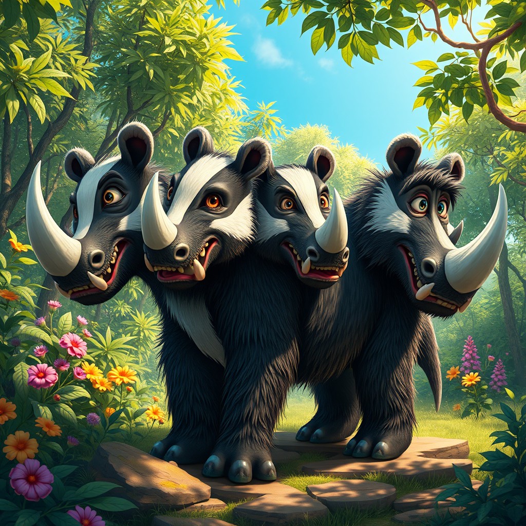 A whimsical and imaginative creature that is a fusion of a badger and a rhinoceros, featuring four heads