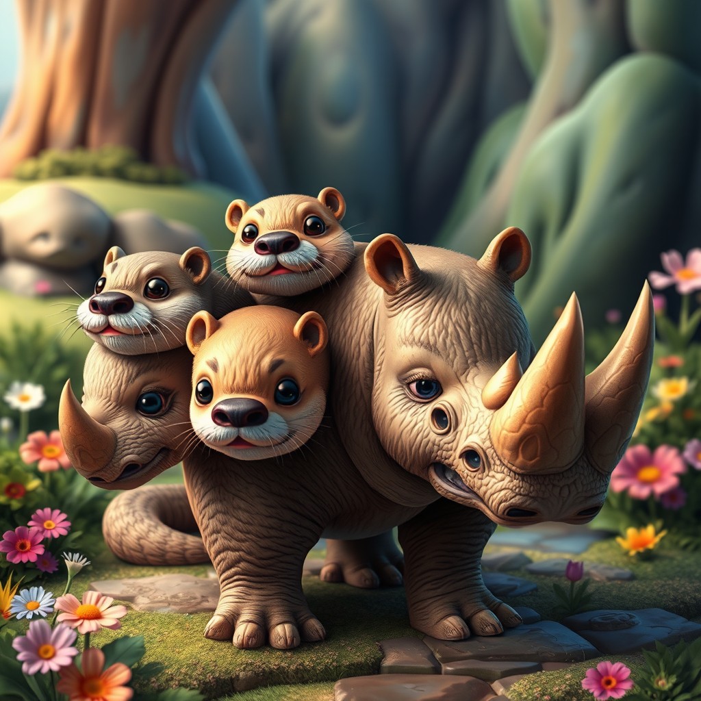 A whimsical creature that is a combination of an otter and a rhinoceros, featuring four distinct heads, each representative of either animal's unique characteristics