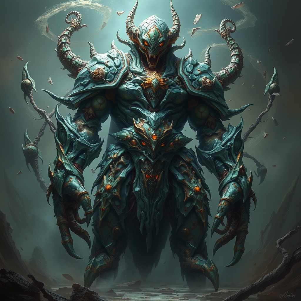 A massive, corrupted memory guardian, once the protector of a sanctuary of memories, now a grotesque parasite consumed by a deformed source