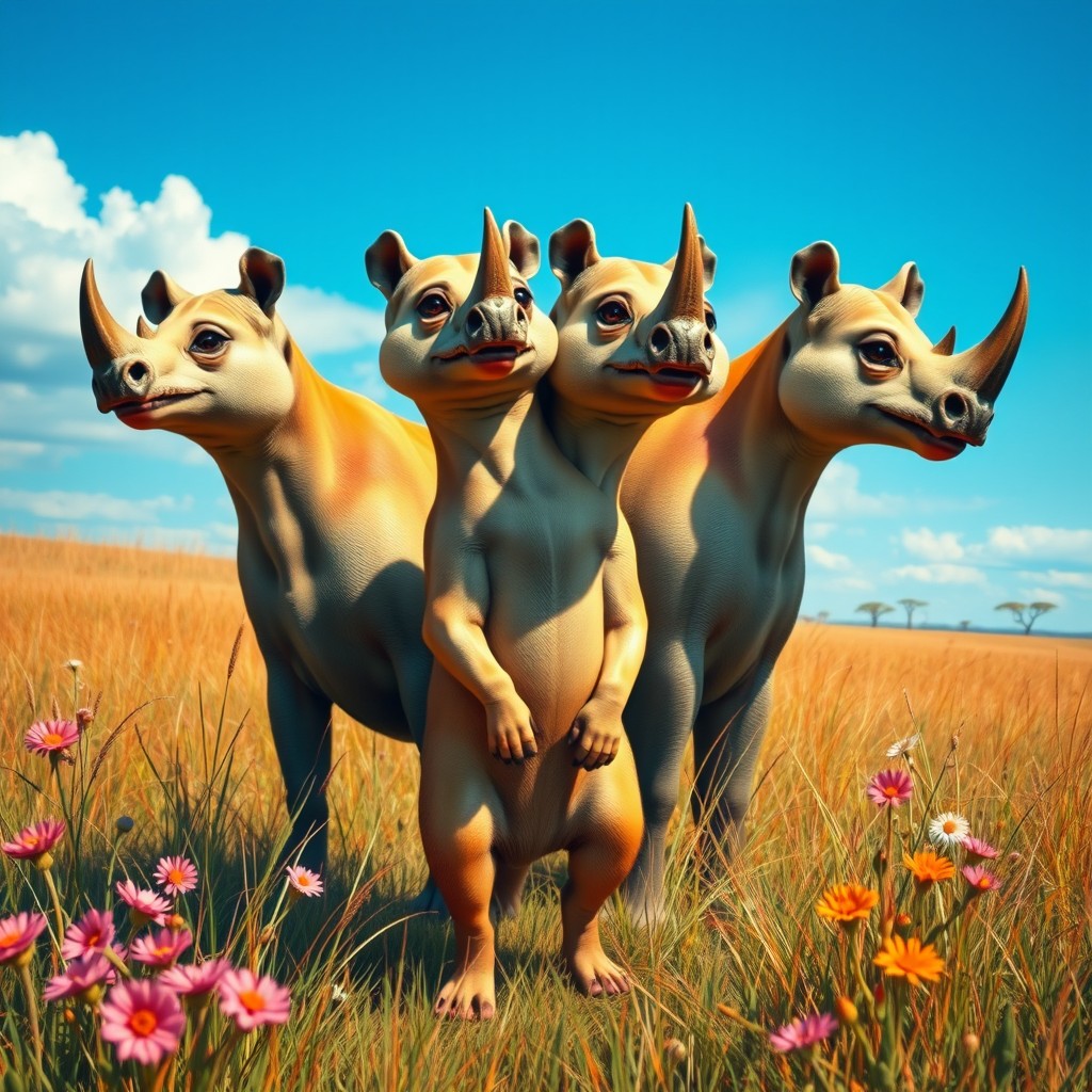 A surreal and imaginative depiction of a fantastical creature with the body of a meerkat and four rhino heads