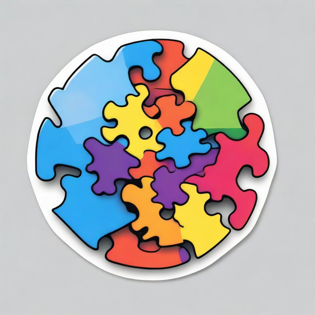 A round sticker designed with either a vividly colored puzzle piece or interlocking gears at the center, symbolizing problem-solving skills.