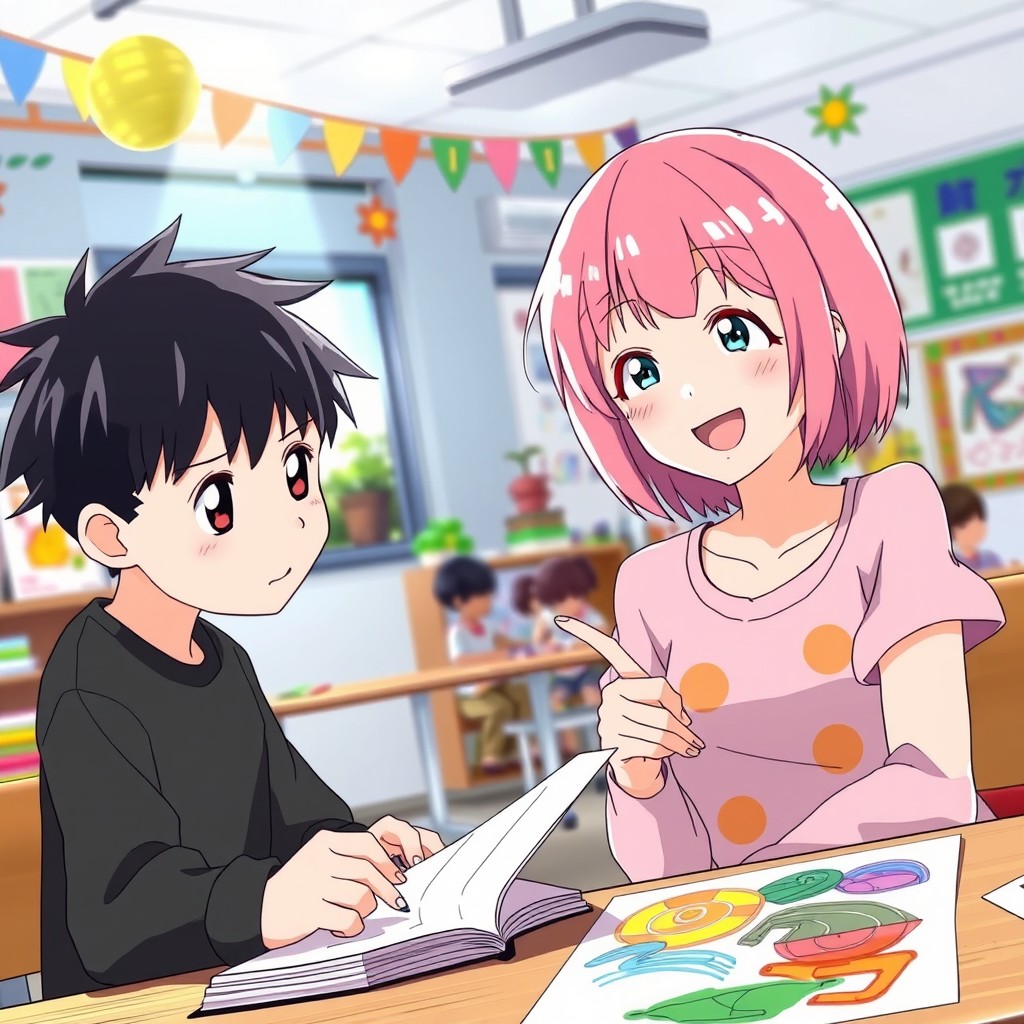 An anime scene depicting a black-haired boy with a short haircut, attentively copying the work of a pink-haired anime girl who has a similar short hairstyle