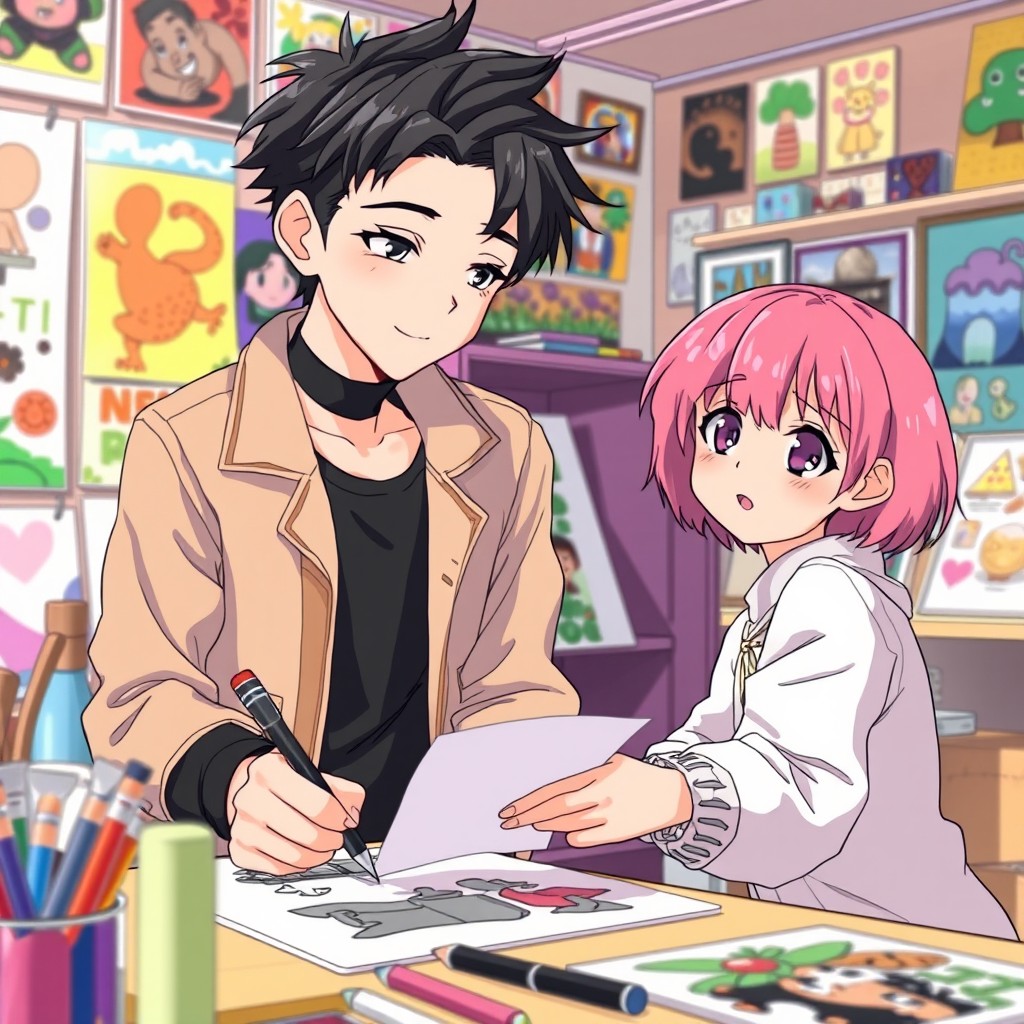 A 16-year-old anime boy with black hair, wearing a stylish outfit, closely examining and copying the work of a vibrant anime girl with short pink hair who is sitting nearby