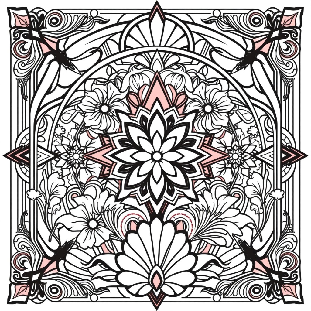 An exquisite coloring book page inspired by Art Deco design, featuring intricate geometric patterns, bold lines, and vibrant motifs
