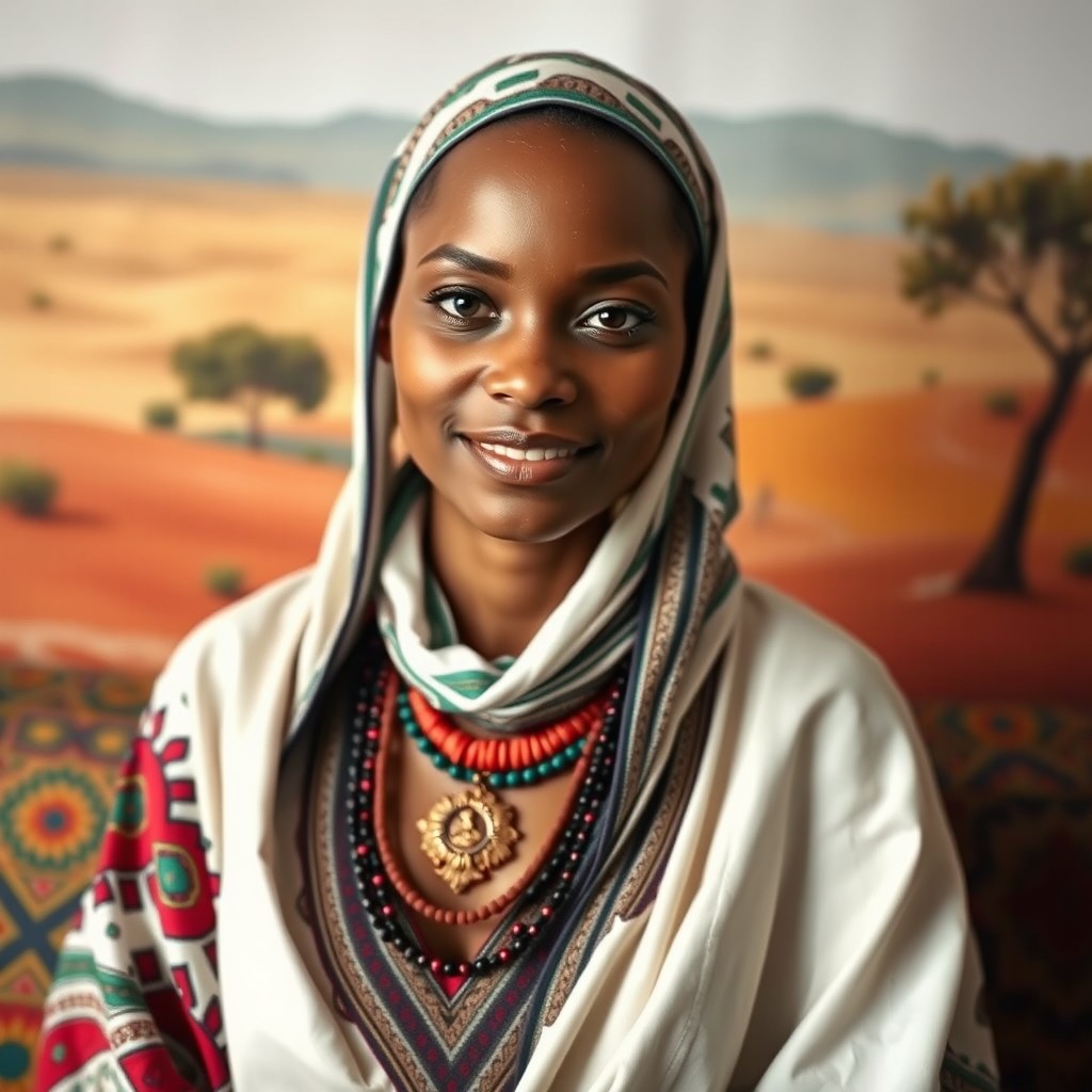 A beautiful and comfortable-looking Sudanese woman with soft features and light tan skin, wearing a traditional Sudanese tobe
