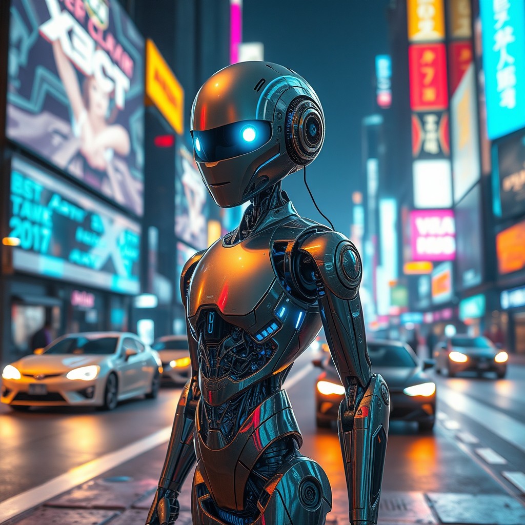 A futuristic robotic figure standing on a vibrant neon-lit street at night