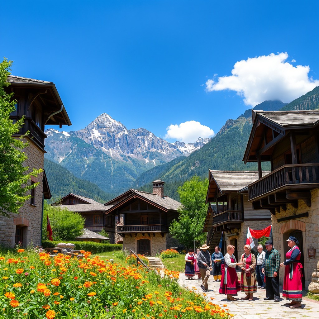A picturesque landscape showcasing the beautiful architecture of a traditional Georgian village nestled in the Caucasus Mountains